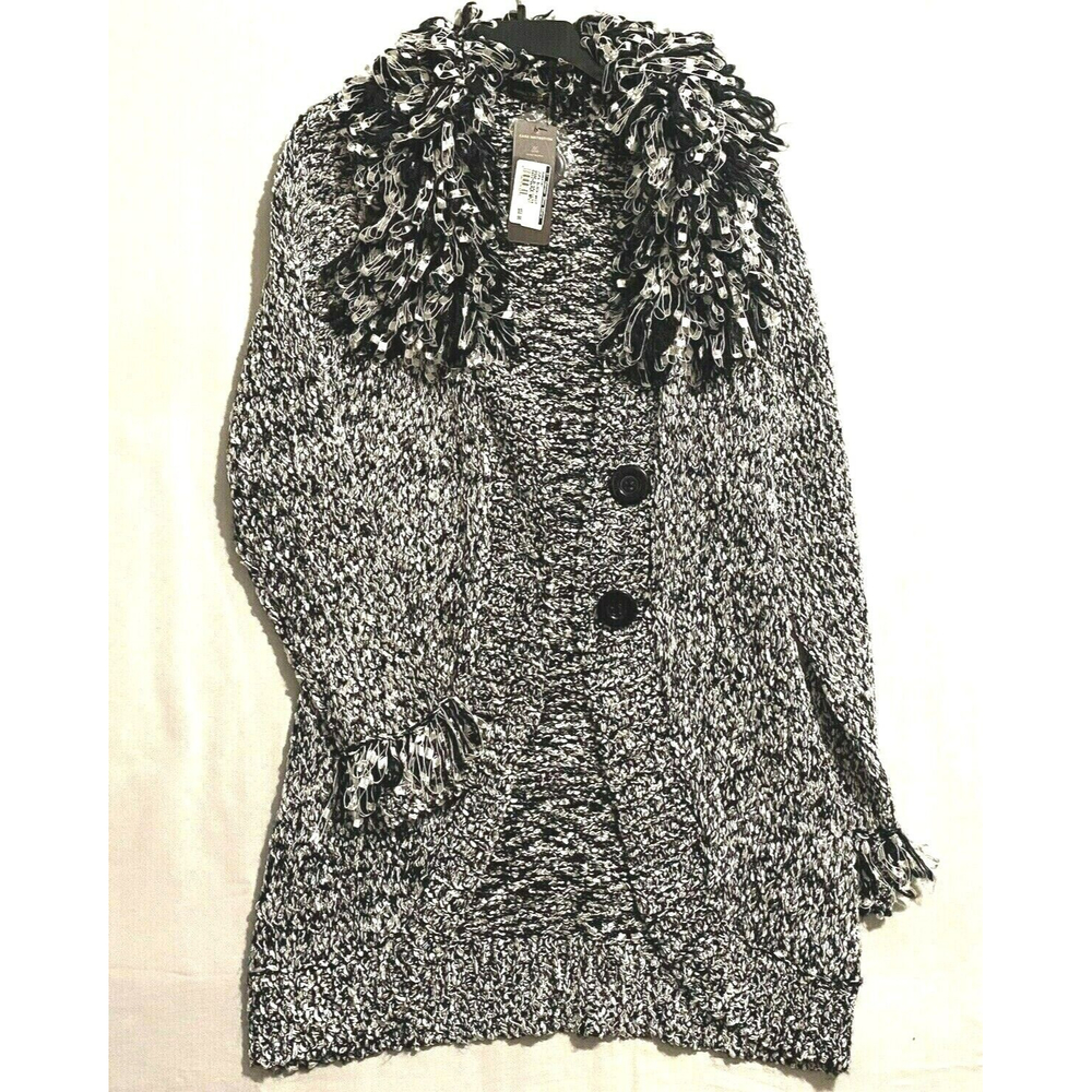 JOHN Fashion Knit Cardigan L Black White Fringed Collar N Sleeves 1/2 Button Up